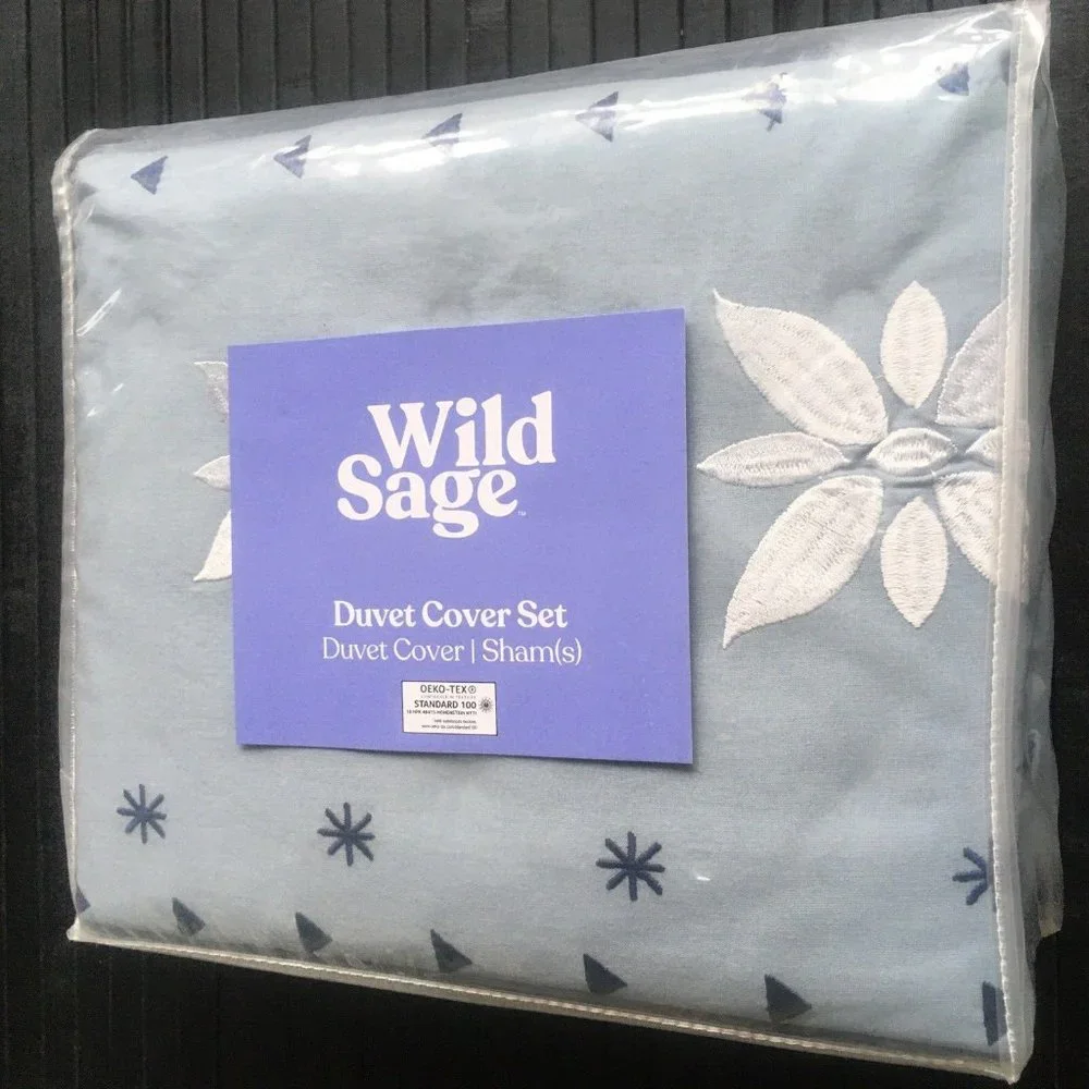 new 3-pc BLUE Wild Sage Alana Embroidered Geometric FULL / QUEEN Duvet Cover Set